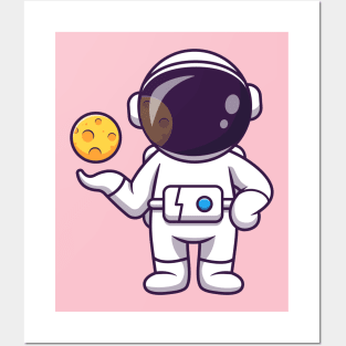 Cute Astronaut With Moon Cartoon Posters and Art